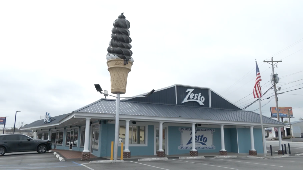 Zesto, a long-serving West Columbia burger joint, showcases its icon ice cream cone sculpture out front.  